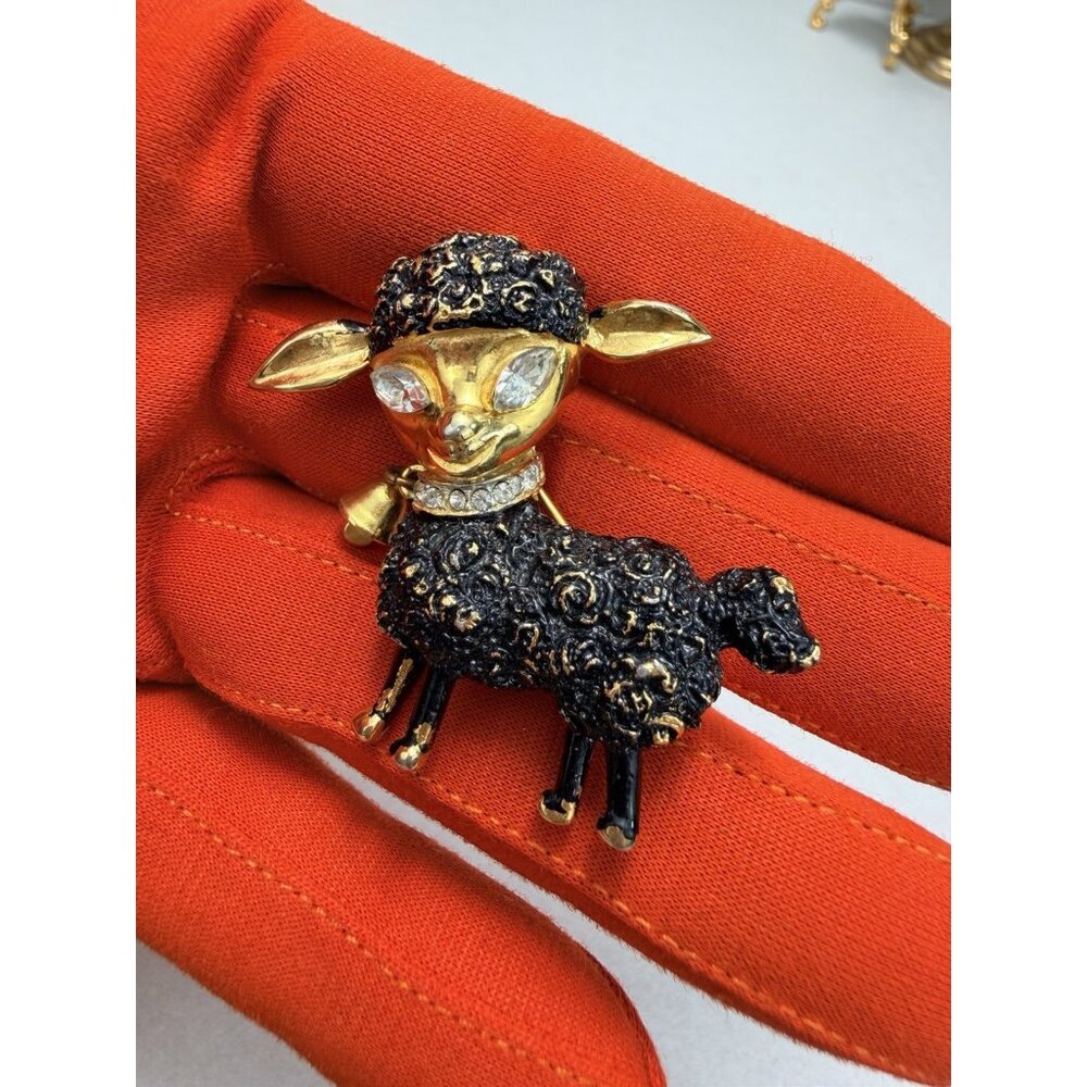 Vintage Robert Mandle Black Lamb Bell Brooch Gold Tone Rhinestone Eyes